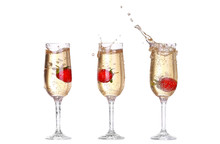 Collage Single Strawberry Splashing Into A Glass Of Champagne