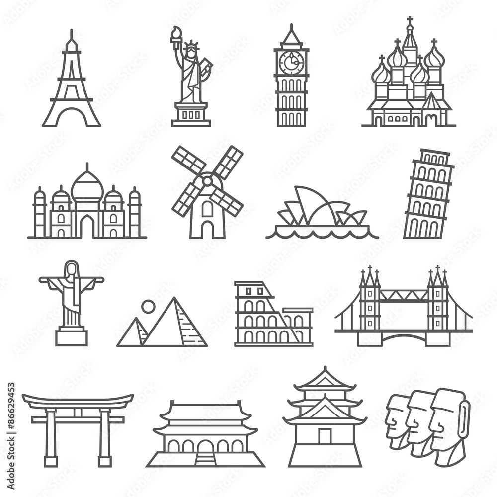 Landmark Icons. Statue of Liberty, Tower of Pisa, Eiffel Tower - obrazy, fototapety, plakaty 