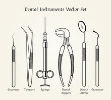 Vintage Dentist Tools. Medical Equipment In Retro Style