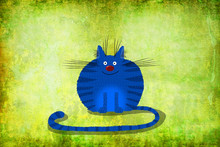 Blue Round Cat On The Green Background