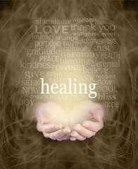 Canvas Print - gentle healing words - female cupped hands with the word 'healing' floating above surrounded by a he