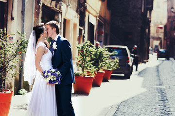 Wall Mural - romantic gentle luxury brunette bride and groom are walking at t