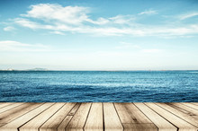 Wood, Blue Sea And Sky Background