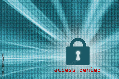 Fotografie, Obraz Access denied - turquoise color closed padlock with binary code background