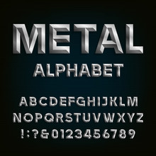 Metal Beveled Font. Vector Alphabet.
Metal Effect Beveled Letters, Numbers And Punctuation Marks On A Dark Background. Stock Vector Font For Your Headlines, Posters Etc.