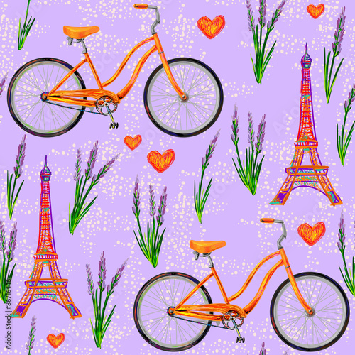 Cotton fabric Seamless Paris French pattern with Eiffel Tower, bicycle, lavender flowers. Perfect for wallpapers, pattern fills, web page backgrounds, surface textures, textile