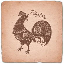 Rooster. Chinese Zodiac Sign Horoscope Vintage Card.