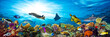 underwater sea life coral reef panorama with many fishes and marine animals