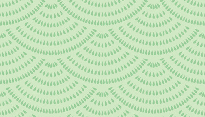 Vector seamless pattern with fish scale layout. Green teardrop-shaped elements on a green background.