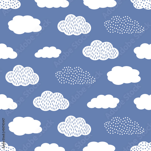 Plakat na zamówienie Seamless pattern with white clouds on blue background.