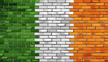 Wall Mural - Grunge flag of Ireland on a brick wall,
Ireland flag on brick textured background, 
Flag of Ireland painted on brick wall,
Flag of Irish republic in brick style