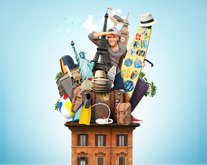 Wall Mural - tourist on the roof with luggage and landmarks