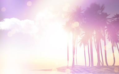 Wall Mural - 3D palm trees at sunset with retro effect