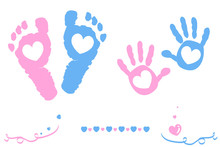Twin Baby Girl And Boy Feet And Hand Print Arrival Card