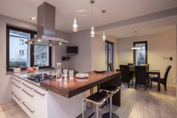 Wooden worktop in luxury kitchen