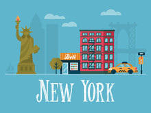 Flat Stylish Vector Illustration For New York City, USA. Travel