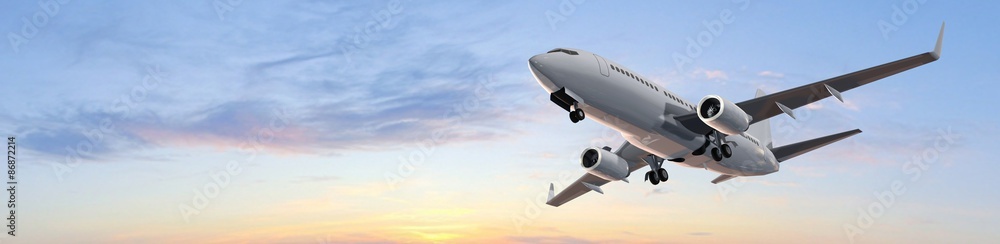 Modern Passenger airplane flight in sunset panorama - obrazy, fototapety, plakaty 