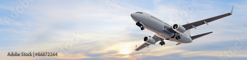 Fotografía Modern Passenger airplane flight in sunset panorama
