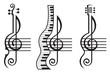 monochrome illustration of violin, guitar, piano and treble clef
