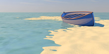 High Quality 3D Render Of A White Painted Wooden Boat On A Sandy Beach Among Tide-pools At High Tide.