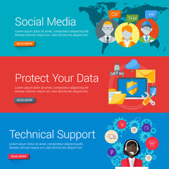 Wall Mural - Flat Design Concept. Set of Vector Illustrations for Web Banners. Social Media, E-Commerce, Cloud Computing