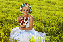 Beautiful Bride Blond Blue Eyes Green Field