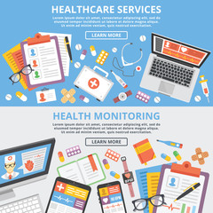 Wall Mural - Healthcare services, health monitoring, research flat illustration concepts set