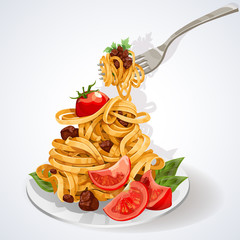 Italian food. Pasta with tomato and meat sauce on a plate and fo