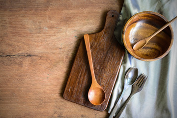 Wall Mural - wooden utensil in kitchen on old wooden background