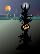 Spooky Lamp Post In A Surreal Halloween Landscape With Jack O Lantern And Wolves Heads.