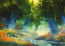 Mystic Blue And Green Forest With A Fantasy Atmosphere,illustration Painting