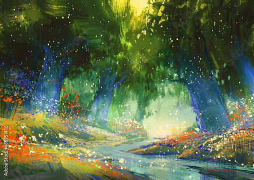 Plakat na zamówienie mystic blue and green forest with a fantasy atmosphere,illustration painting