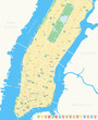 New York Map - Lower and Mid Manhattan. Highly detailed vector map including all streets, parks, names of subdistricts, points of interests, labels, neighborhoods.