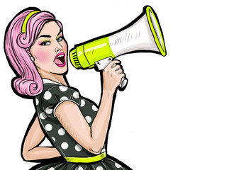 Pop art girl with megaphone. Woman with loudspeaker. Girl announcing discount or sale. Shopping time. Protest, meeting, feminism, woman rights, woman protest, 