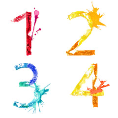 Vector paint splash font 1,2,3,4