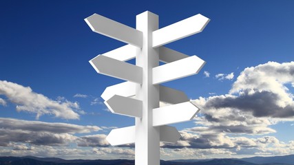 blank white signpost on blue sky with clouds background