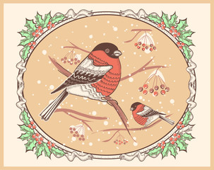 Wall Mural - Christmas vintage card with bullfinches and snow