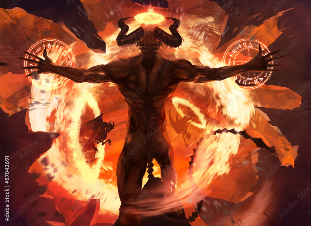 Burning diabolic demon summons evil forces and opens hell portal with ancient alchemy signs illustration. - obrazy, fototapety, plakaty 
