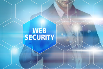 Wall Mural - businessman pressing web security button on virtual screens. bus