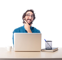 Poster -  businessman thinking with laptop