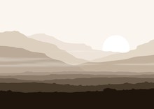 Lifeless Landscape With Huge Mountains Over Sun.