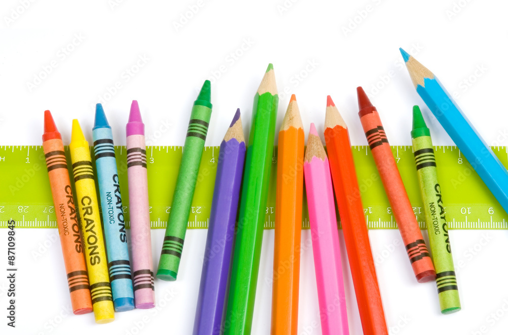 Ruler and Crayon Border – A green ruler, with crayons and colored ...