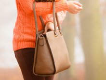 Woman With Handbag Outdoor In Autumn Park