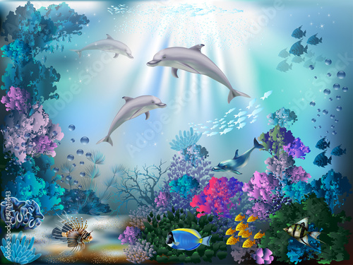 Obraz w ramie The underwater world with dolphins and plants 