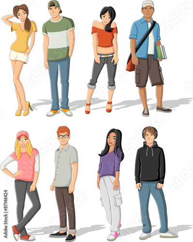 Group of fashion cartoon young people. Teenagers.