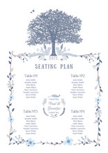 Wedding Seating Chart. Includes Tables List, Tree, Birds And Floral Frame. Vector Illustration With Flat Design.