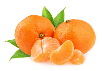 Wall Mural - Tangerines with leaves and slices on white background