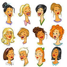 Female Faces - Set Of Expressions. 