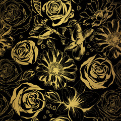 Wall Mural - Elegant black pattern with gold flowers. Vector illustration. 