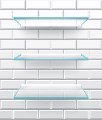 Wall Mural - bathroom glass shelves on white brick tiles, vector